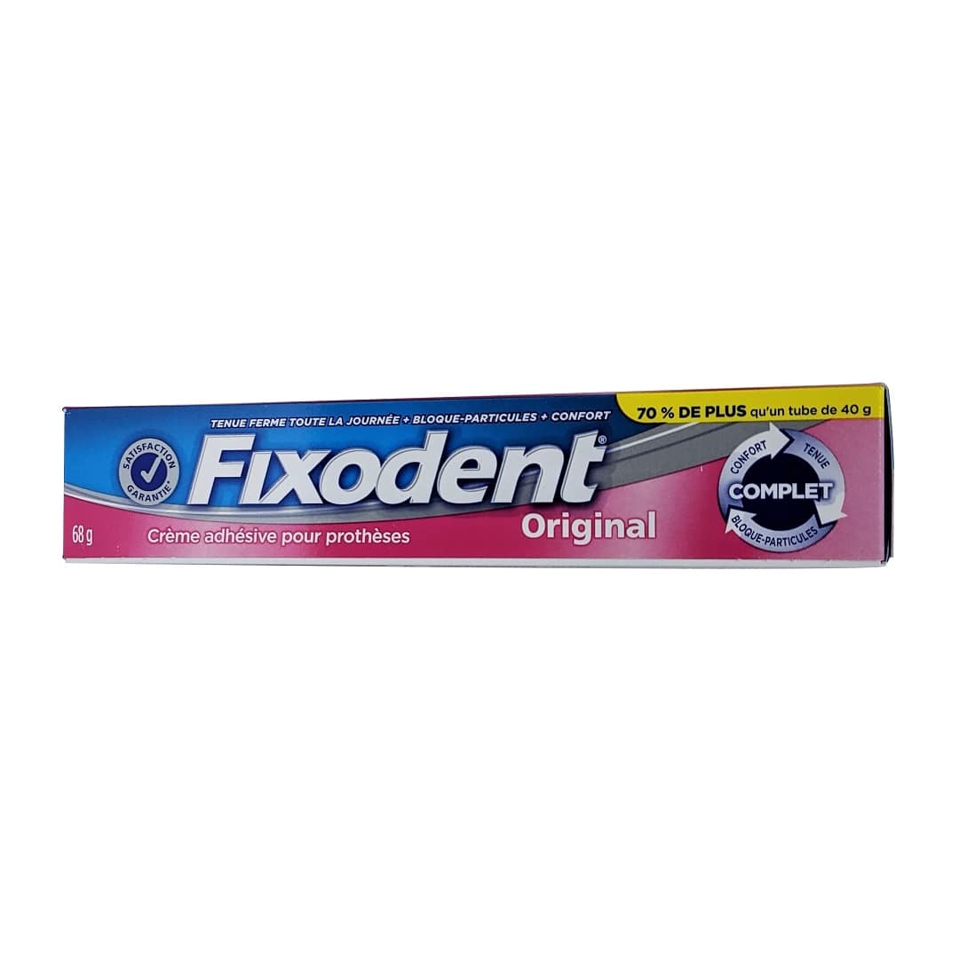Product label for Fixodent Denture Adhesive Cream Original (68 grams) in French