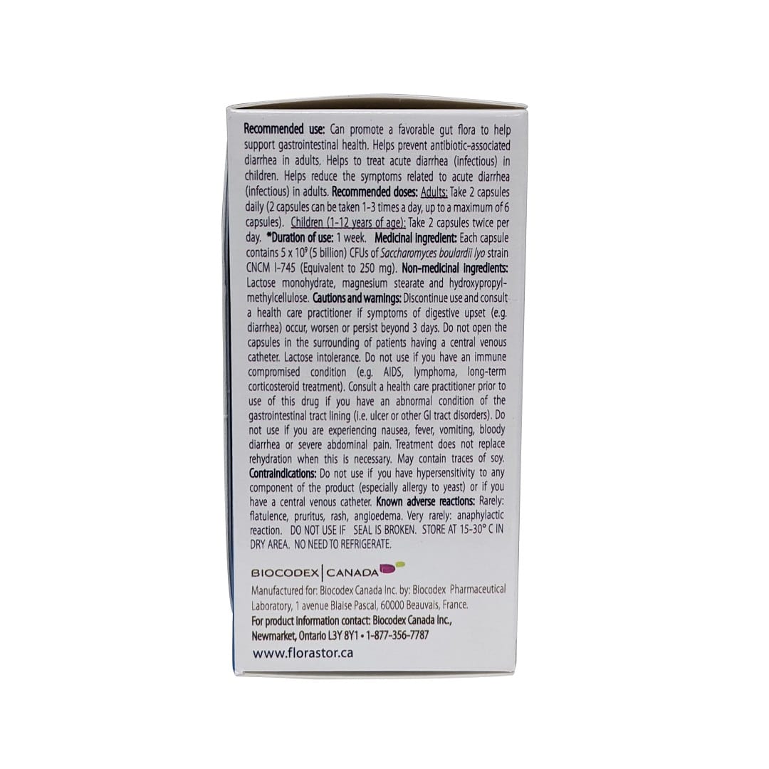 Use, dose, ingredients, cautions and warnings for Florastor Daily Probiotic Supplement (20 capsules) in English