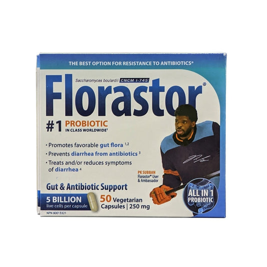 Product label for Florastor Daily Probiotic Supplement (50 capsules) in English
