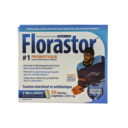 Product label for Florastor Daily Probiotic Supplement (50 capsules) in French