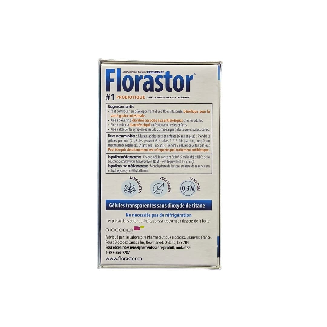 Use, Dose, Ingredients for Florastor Daily Probiotic Supplement (50 capsules) in French