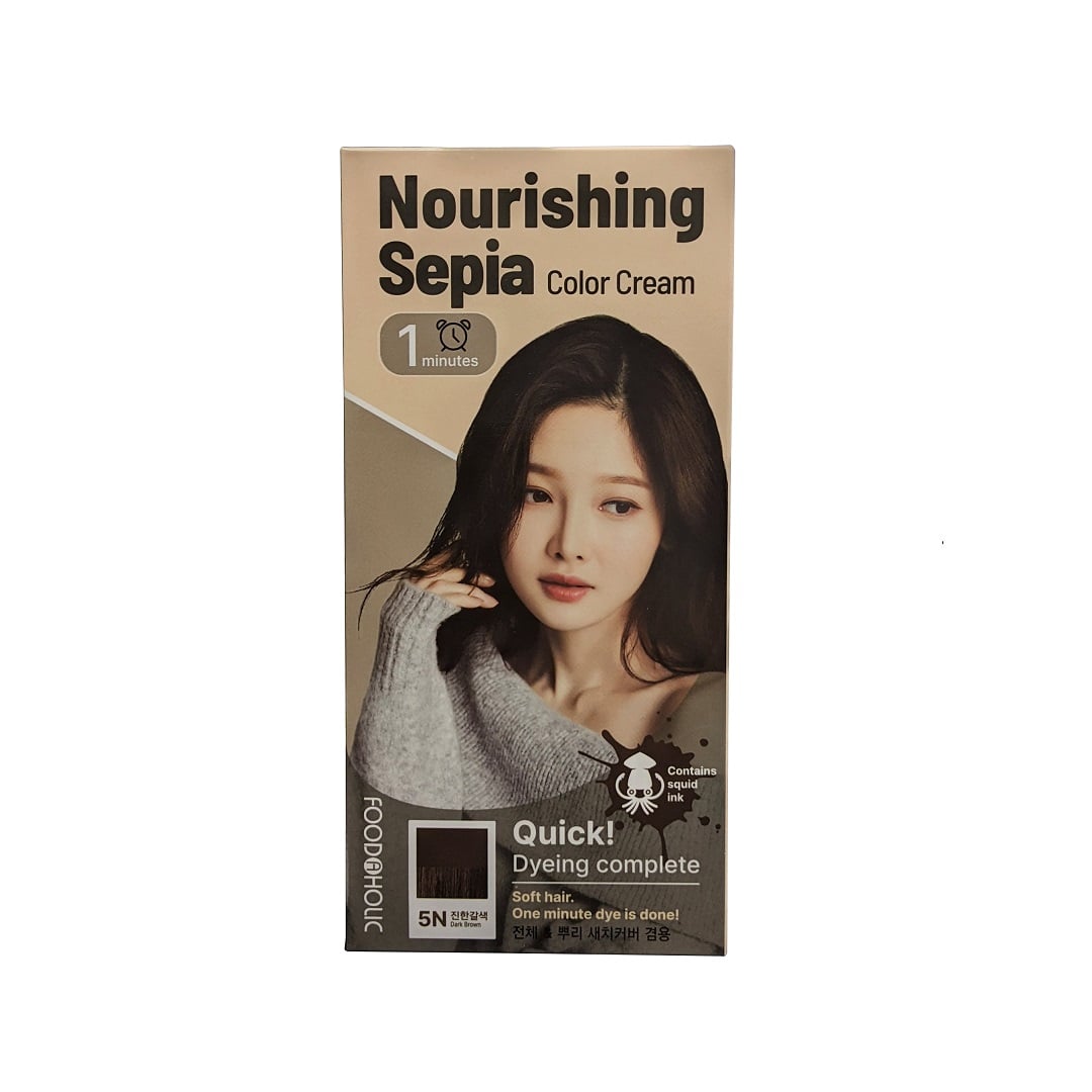 Product label for Foodaholic Nourishing Sepia Color Cream Hair Dye 5N Dark Brown