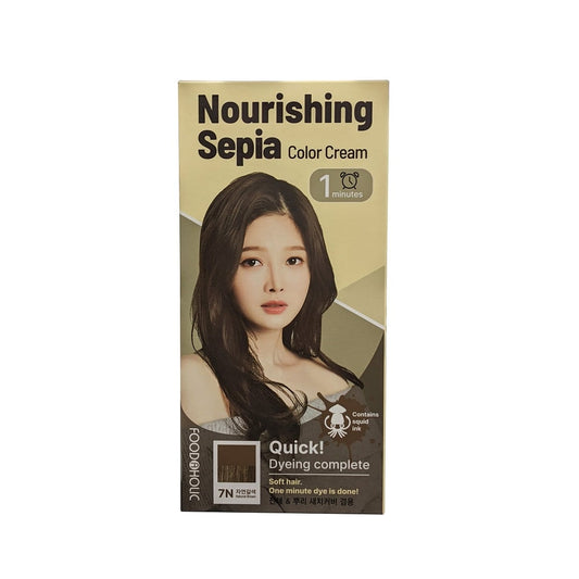 Product label for Foodaholic Nourishing Sepia Color Cream Hair Dye 7N Natural Brown