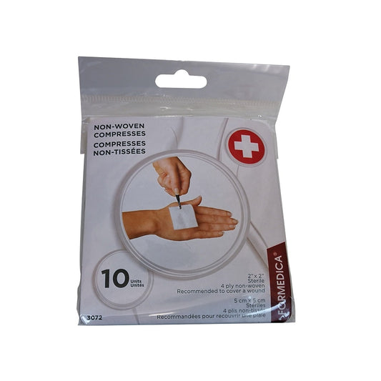 Product label for Formedica Gauze Non-Woven Compresses 2'x2' 4-ply (10 compresses)