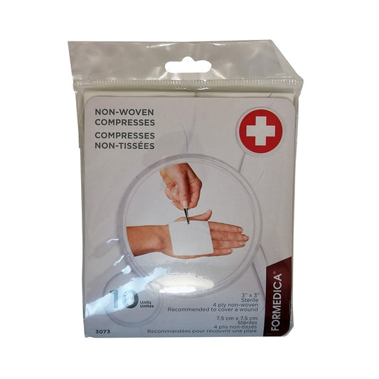 Product label for Formedica Gauze Non-Woven Compresses 3'x3' 4-ply (10 compresses)