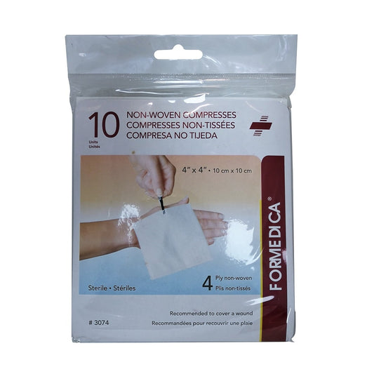 Product label for Formedica Gauze Non-Woven Compresses 4'x4' 4-ply (10 compresses)