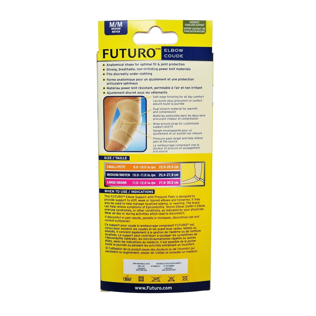 Description, size chart, and indications for Futuro Elbow Support with Pressure Pads