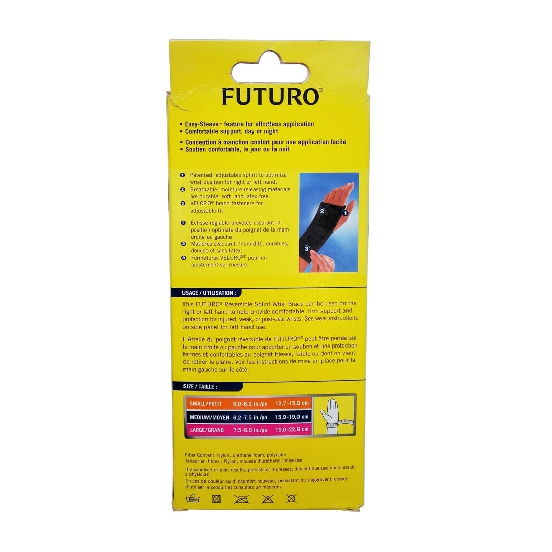 Description, usage, and size chart for Futuro Reversible Splint Wrist Brace