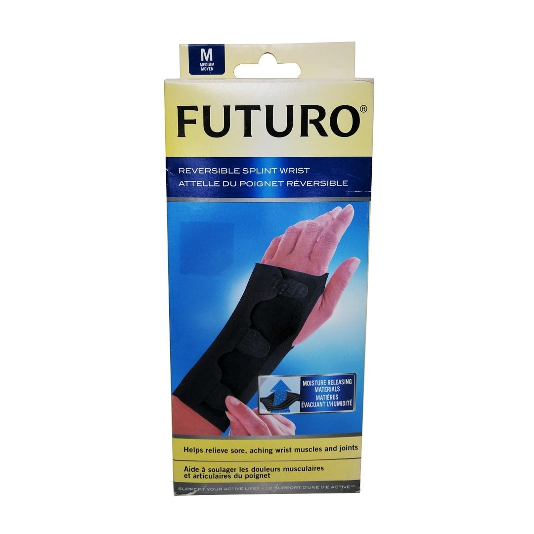 Product label for Futuro Reversible Splint Wrist Brace (medium)