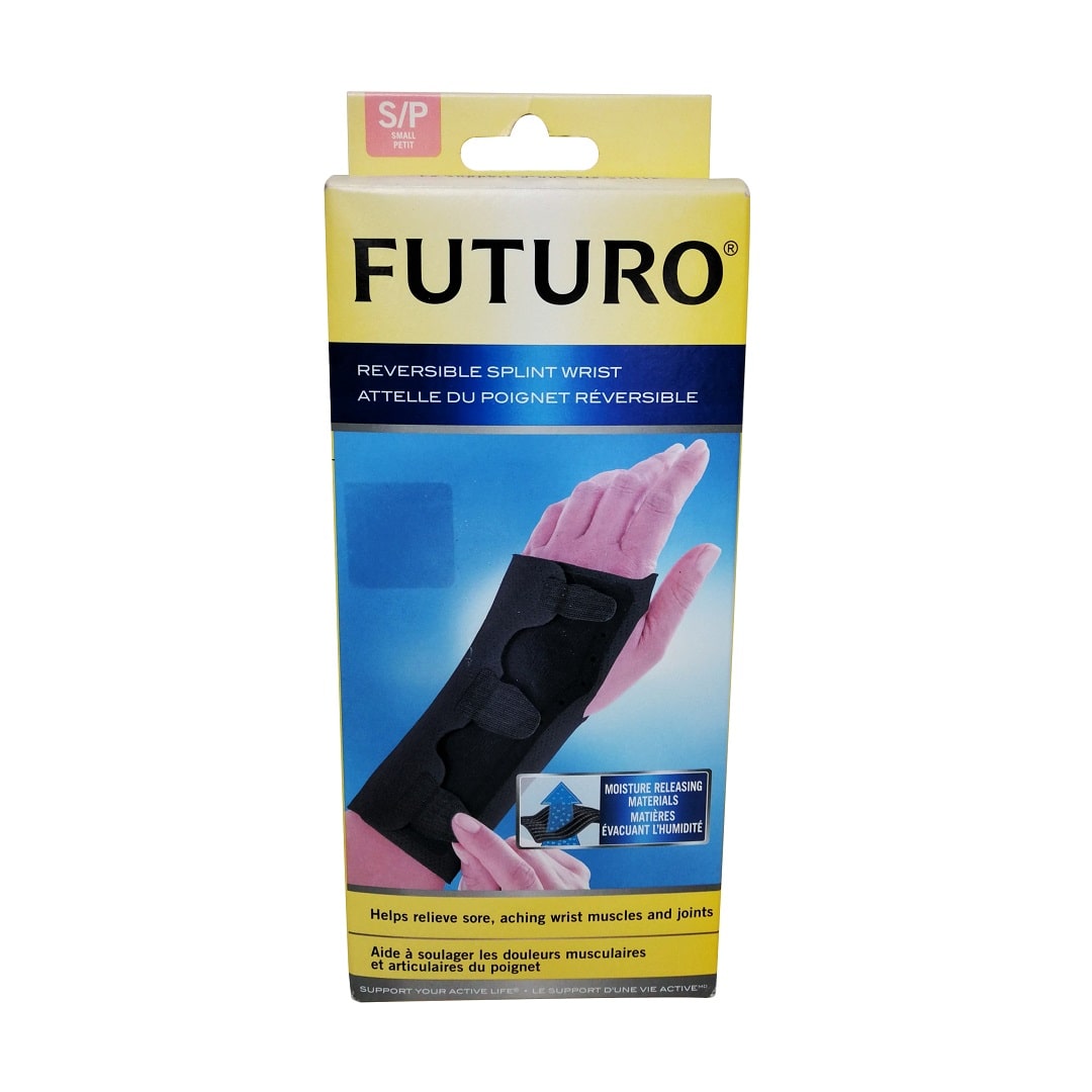 Product label for Futuro Reversible Splint Wrist Brace (small)