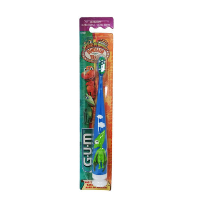 Product label for GUM Dinosaur Train Cartoon Theme Toothbrush Ultrasoft Bristles