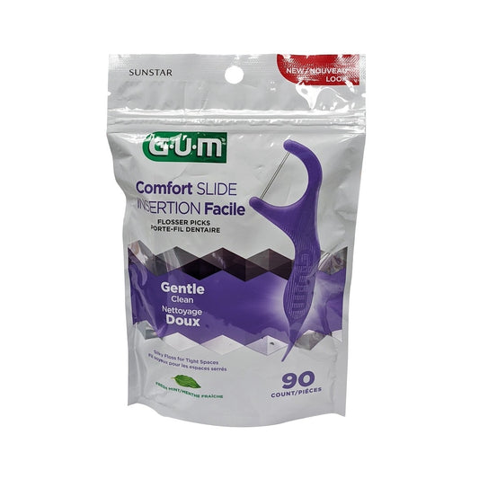 Product label for GUM Comfort Slide Flosser Picks (90 count)