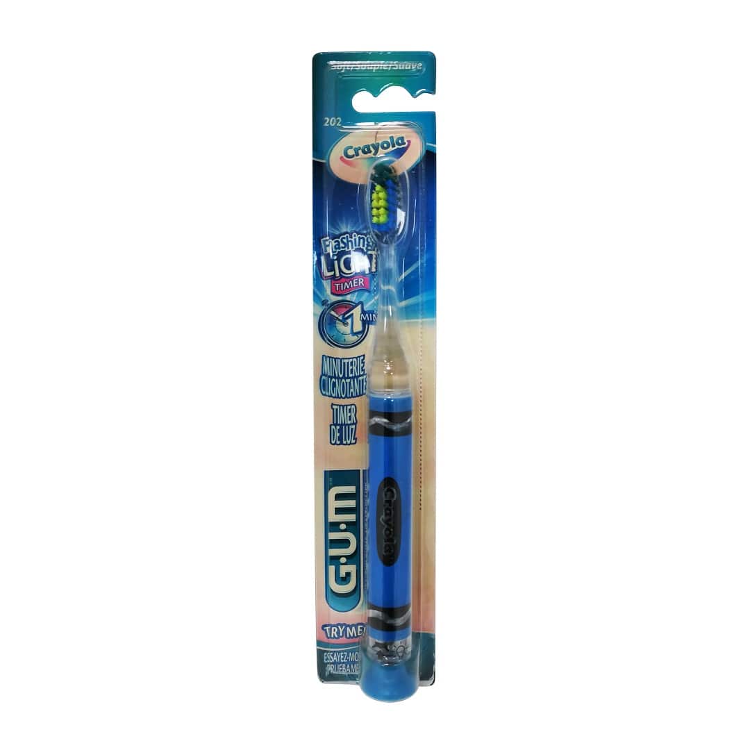Product label for GUM Crayola Timer Light Toothbrush Soft Bristles Blue