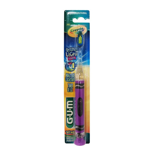 Product label for GUM Crayola Timer Light Toothbrush Soft Bristles Purple