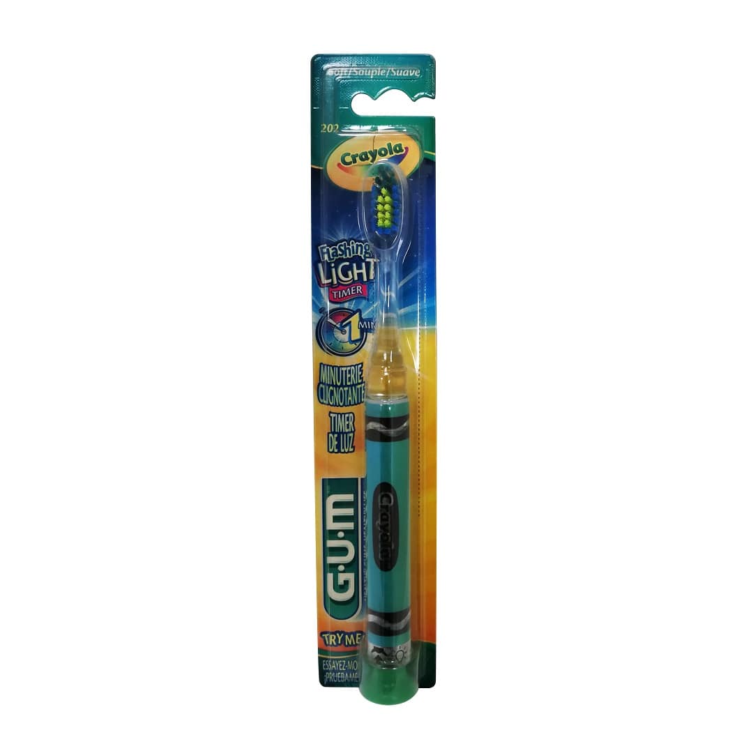 Product label for GUM Crayola Timer Light Toothbrush Soft Bristles Teal