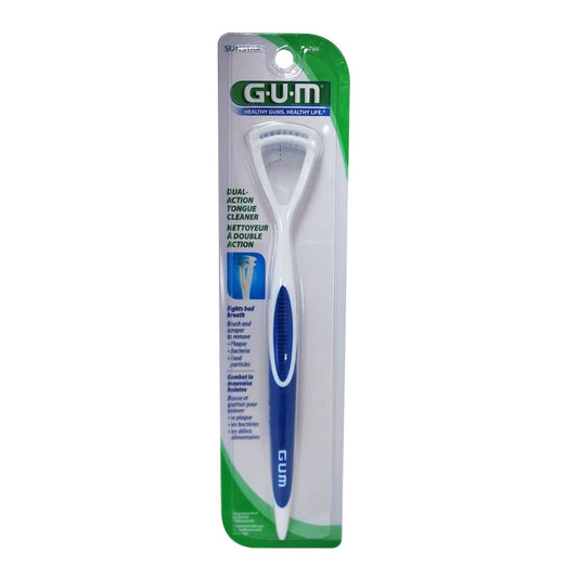 Product label for GUM Dual Action Tongue Cleaner Blue