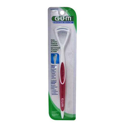 Product label for GUM Dual Action Tongue Cleaner Red