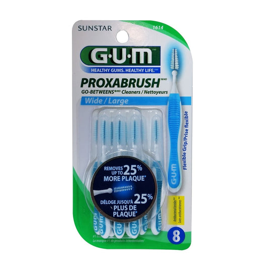 Product label for GUM Proxabrush Go Between Cleaners WideProduct description for GUM Proxabrush Go Between Cleaners Wide