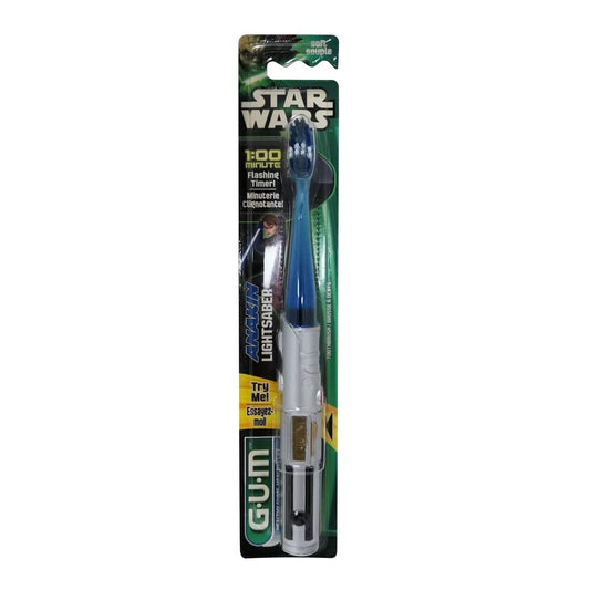 Product label for GUM Star Wars Themed Lightsaber Toothbrush Soft Bristles Anakin