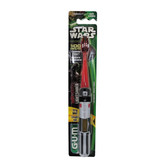 Product label for GUM Star Wars Themed Lightsaber Toothbrush Soft Bristles Vader