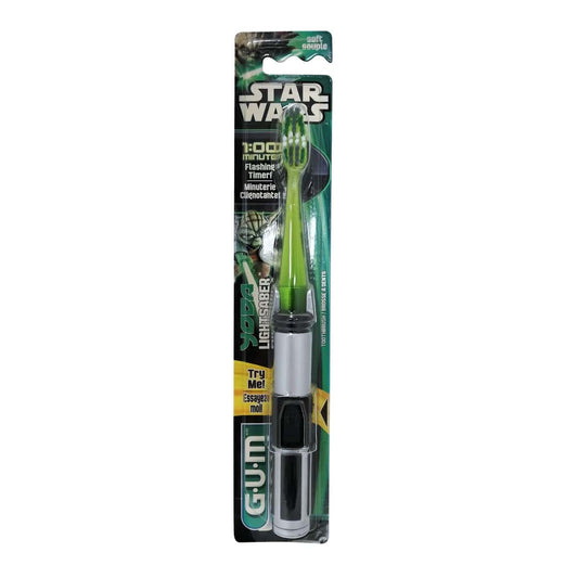 Product label for GUM Star Wars Themed Lightsaber Toothbrush Soft Bristles Yoda