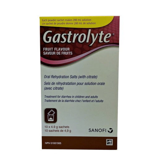 Product label for Gastrolyte Oral Rehydration Salts Fruit Flavour (10 x 4.9g)