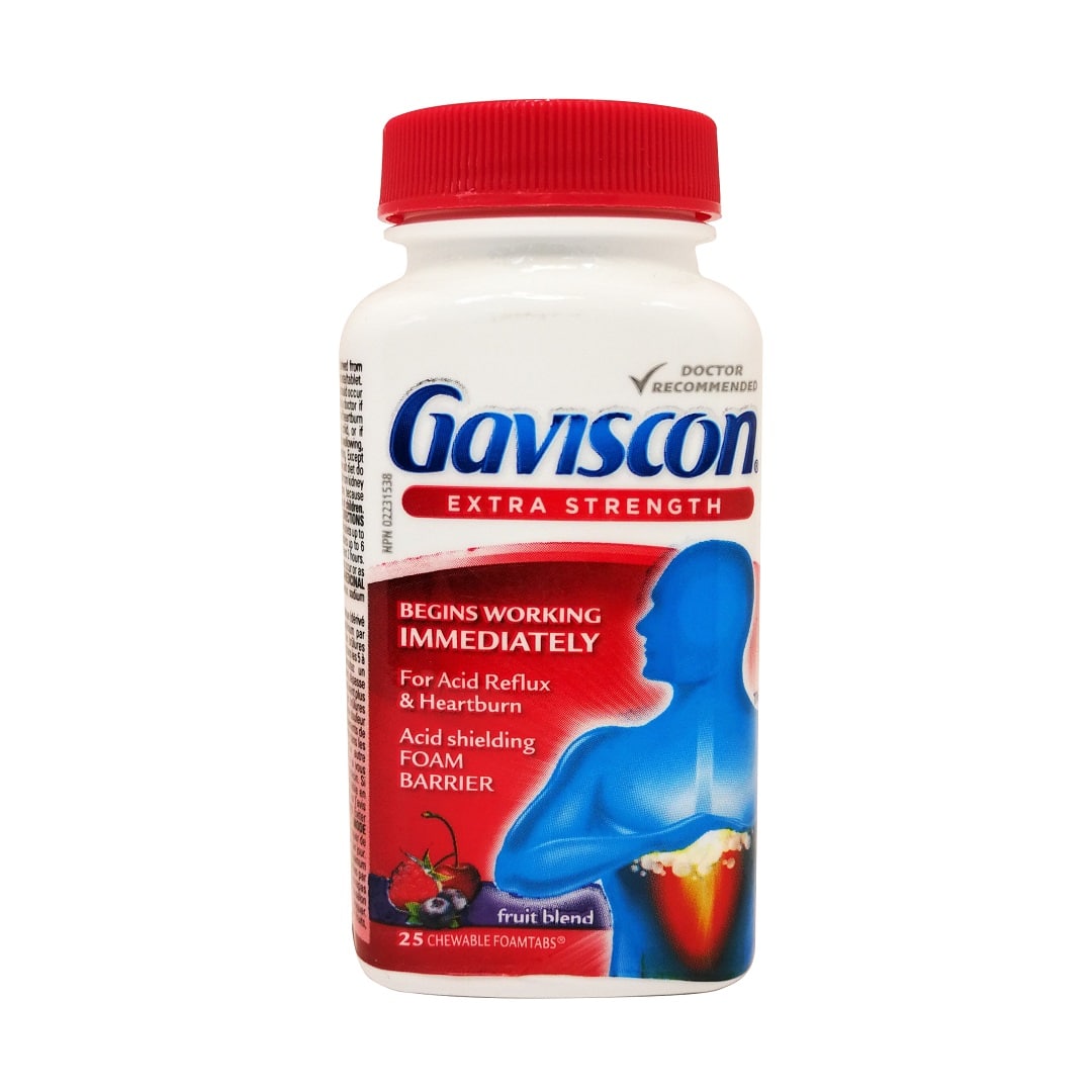Product label for Gaviscon Extra Strength Fruit Blend Flavour (25 Chewable Foamtabs) in English