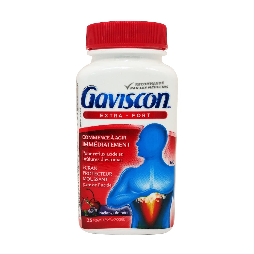 Product label for Gaviscon Extra Strength Fruit Blend Flavour (25 Chewable Foamtabs) in French