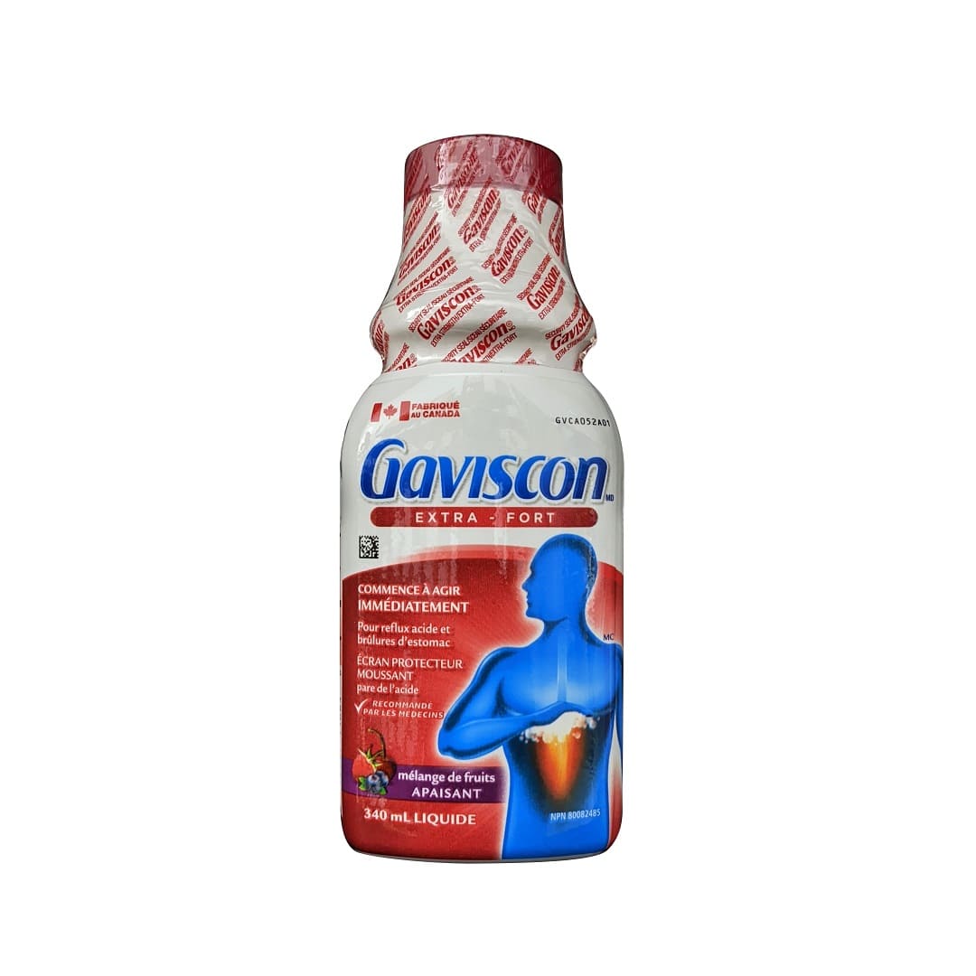 Product label for Gaviscon Extra Strength Liquid Soothing Fruit Blend (340 mL) in French