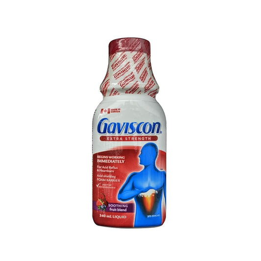 Product label for Gaviscon Extra Strength Liquid Soothing Fruit Blend (340 mL) in English