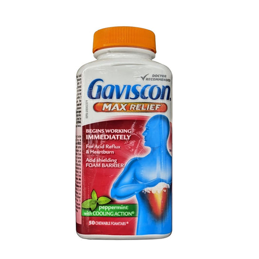 Product label for Gaviscon Max Relief Chewables Peppermint Flavour (50 Chewable Foamtabs) in English