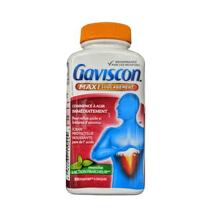 Product label for Gaviscon Max Relief Chewables Peppermint Flavour (50 Chewable Foamtabs) in French