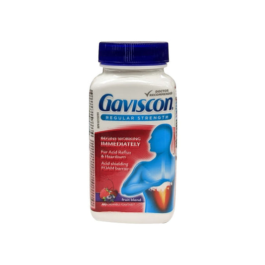 Product label for Gaviscon Regular Strength Chewable Foamtabs (Fruit Flavour) (40 Chewable Foamtabs) in English