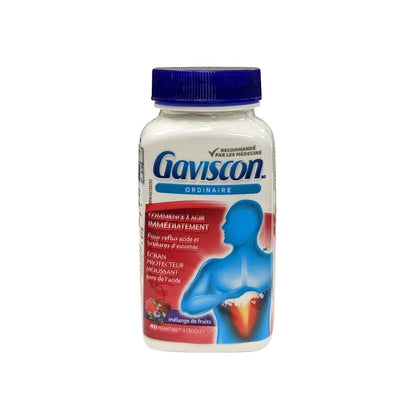 Product label for Gaviscon Regular Strength Chewable Foamtabs (Fruit Flavour) (40 Chewable Foamtabs) in French