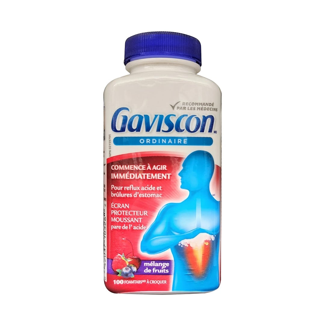 Product label for Gaviscon Regular Strength Chewable Foamtabs (Fruit Flavour) (100 Chewable Foamtabs) in French