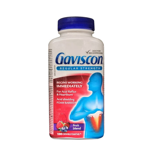 PRoduct label for Gaviscon Regular Strength Chewable Foamtabs (Fruit Flavour) (100 Chewable Foamtabs) in English