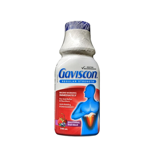 Product label for Gaviscon Regular Strength Liquid Soothing Fruit Blend (340 mL) in English