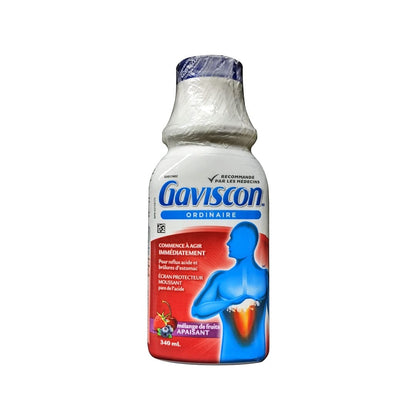 Product label for Gaviscon Regular Strength Liquid Soothing Fruit Blend (340 mL) in French