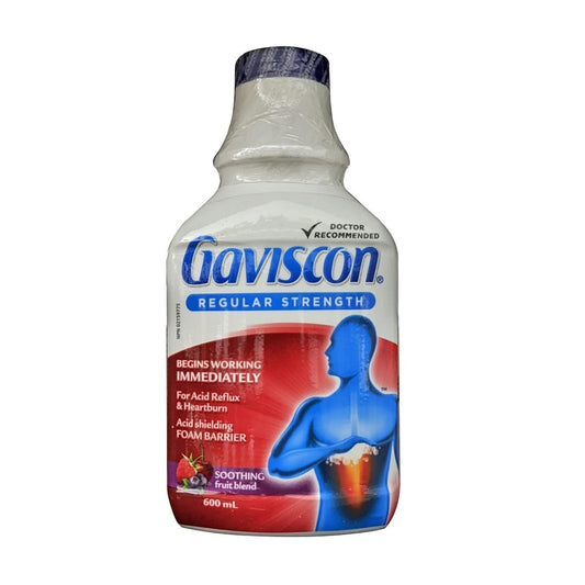 Product label for Gaviscon Regular Strength Liquid Soothing Fruit Blend (600 mL) in English