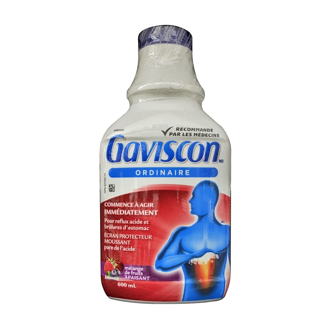 Product label for Gaviscon Regular Strength Liquid Soothing Fruit Blend (600 mL) in French
