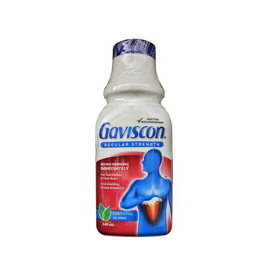 Product label for Gaviscon Regular Strength Liquid Soothing Icy Mint (340 mL) in English