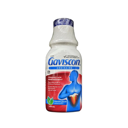 Product label for Gaviscon Regular Strength Liquid Soothing Icy Mint (340 mL) in French