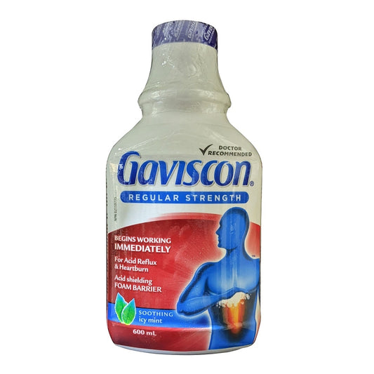 Product label for Gaviscon Regular Strength Liquid Soothing Icy Mint (600 mL) in English