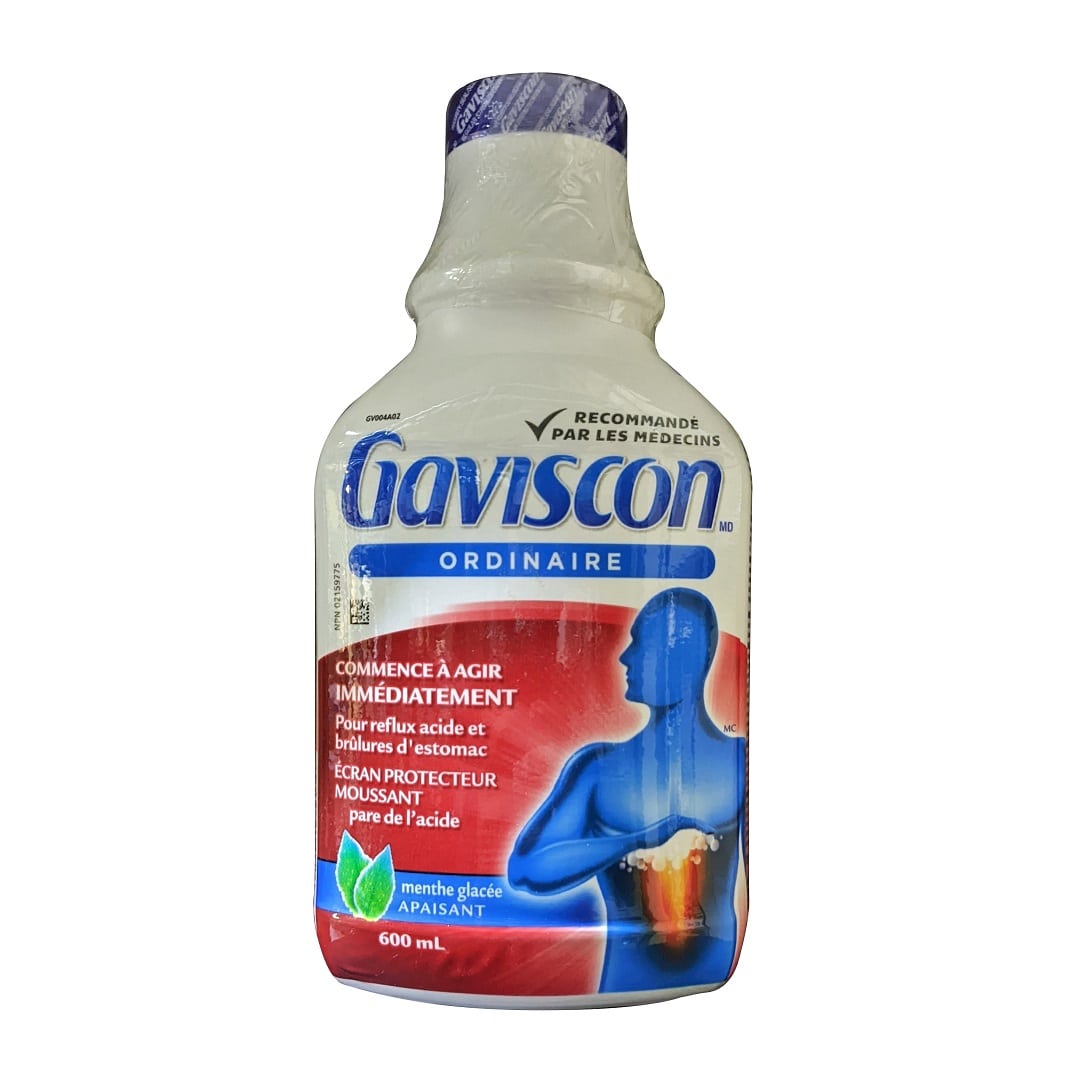 Product label for Gaviscon Regular Strength Liquid Soothing Icy Mint (600 mL) in French