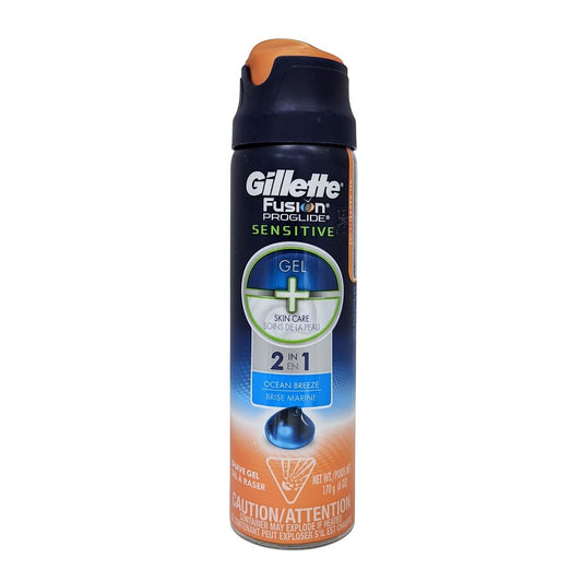 Product label for Gillette Fusion ProGlide Sensitive 2-in-1 Shave Gel Ocean Breeze (170 grams)