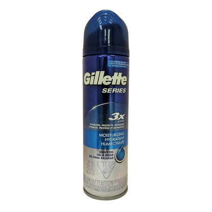 Product label for Gillette Series Moisturizing Shave Gel 3x Action (198 grams) 