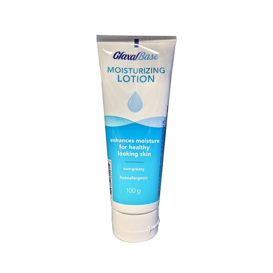 Product label for Glaxal Base Moisturizing Lotion (100 grams) in English