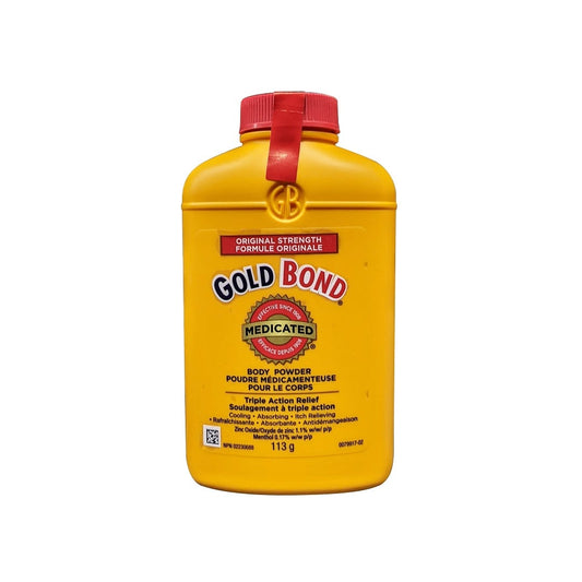 Product label for Gold Bond Medicated Body Powder Regular Strength (113 grams)
