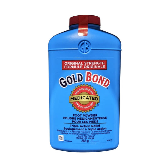 Product label for Gold Bond Medicated Foot Powder Original Strength (283 grams)