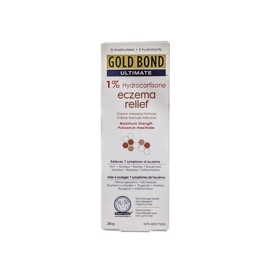 Product label for Gold Bond Ultimate 1% Hydrocortisone Eczema Relief Cream (28 grams)